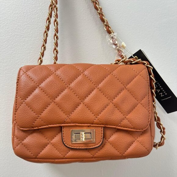 Isabelle Quilted Vegan Leather Crossbody – Tan, Gold Chain Strap - Picture 1 of 6